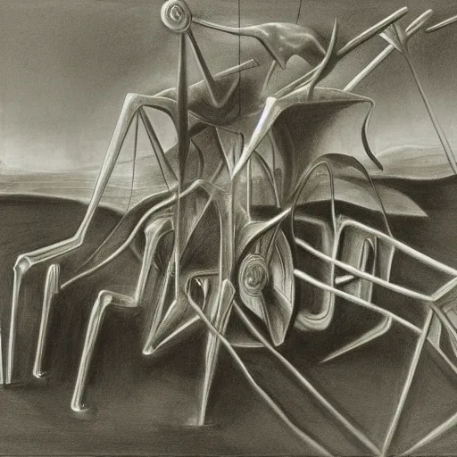 Image similar to depressing cool green by brett weston, by yves tanguy. the drawing features a human figure driving a chariot. the figure is skeletal & frail, with a large head & eyes. the chariot is pulled by two animals, which are also skeletal & frail.