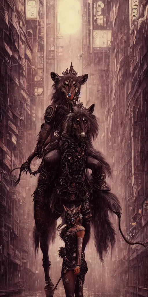 Image similar to hyper realistic Princess Mononoke, ornate mask, wet market street, rainy atmosphere, full moon, cyberpunk metropolis, city landscape, jewels, full body pose, wolves, style of tom bagshaw, mucha, james gurney, norman rockwell, denoised, sharp