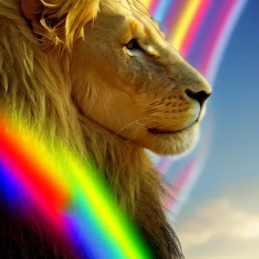 Image similar to coherent 8 k photorealistic close up shot of a albino lion overlooking a heavenly blissful landscape with a large luminous rainbow overarching the landscape behind the lion in the sun showery sky