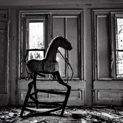 Prompt: an old rocking horse, abandoned in an abandoned, radiated bedroom. the windows are smashed, the wallpaper is peeling, the floorboards are completely rotten. black and white photo. surrealism.