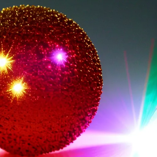 Image similar to a ball of gold nanoparticles, illuminated by a red laser beam