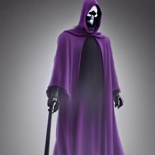 Image similar to grim reaper, purple cloak, full body