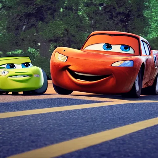 Image similar to a still from a gritty remake of cars, where lightning mcqueen gets into a greusome car accident with tow mater. rendered in 4 k with presto animation software.