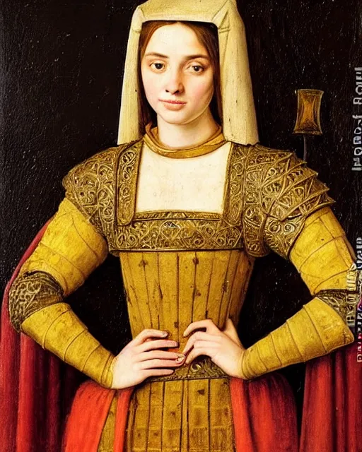 Image similar to medieval portrait of ana de armas dressed as a knight, in the style of eugene de blaas