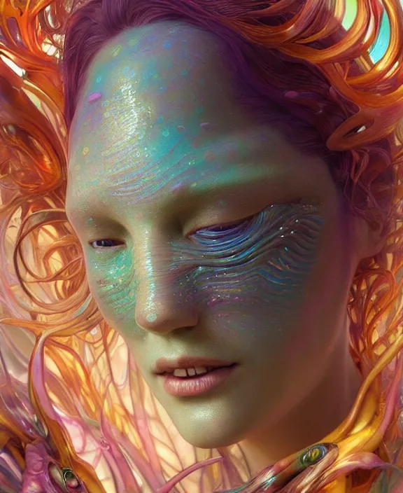 Image similar to intricate colorful transparent portrait of a disturbing beautiful alien mollusk creature, mottled coloring, adorable, childlike, underwater environment, ultra realistic, concept art, art nouveau, photorealistic, octane render, 8 k, unreal engine. art by christopher marley and artgerm and greg rutkowski and alphonse mucha