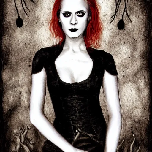 Image similar to a striking esoteric painting of Evan Rachel Wood, dark, metal, black background, occult, by Paulina Peavy