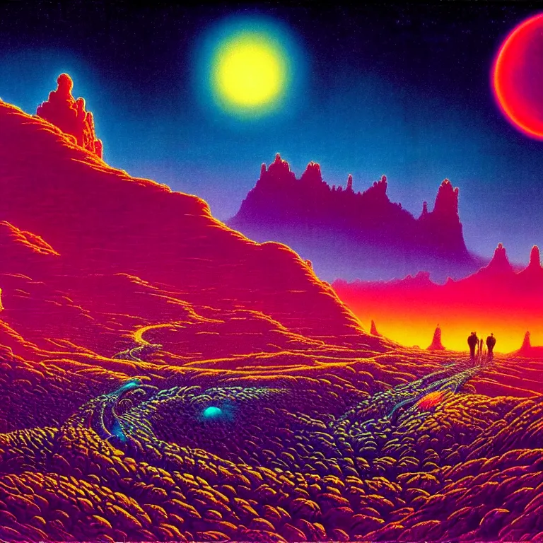 Image similar to astral travel mysterious desert canyon at night, infinite sky, synthwave, bright neon colors, highly detailed, cinematic, tim white, philippe druillet, roger dean, ernst haeckel, lisa frank, michael whelan, kubrick, kimura, isono