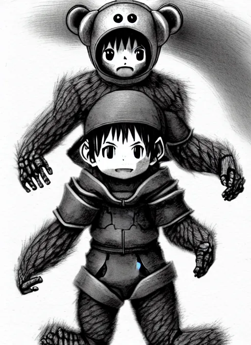 Image similar to beautiful little boy wearing an cyborg bear suit, artwork in kentaro miura and made in abyss and rosdraws, smooth, beautiful lightness, anatomically correct, trending on pixiv, forest