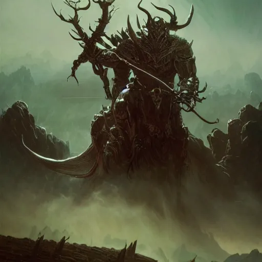 Image similar to The Biggest Boss in Elden Ring, fullbody, intricate, demonic, video game art, highly detailed, artstation, green field with village ruins, concept art, smooth, sharp focus, illustration, art by greg rutkowski and orientalism and bouguereau and Zdzislaw Beksinski, good clear quality, lighting, biology, symmetrical artwork, perfect face, 135 mm, cinematic, hyper realism, high detail, octane render, 8k, chrome accents