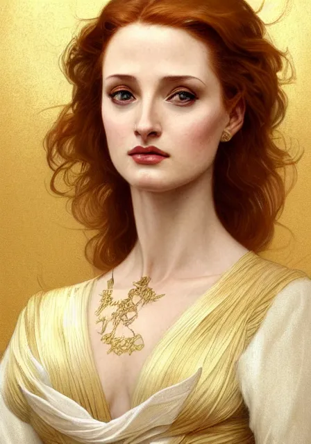 Image similar to sansa angeline jolie gessica chastain in gold, intricate, elegant, highly detailed, digital painting, artstation, concept art, smooth, sharp focus, illustration, art by artgerm and greg rutkowski and alphonse mucha and william - adolphe bouguereau