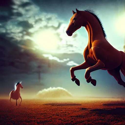 Image similar to hyperrealism aesthetic highly detailed photography of horse astonautback riding on a. from western by hiroyuki okiura and katsuhiro otomo and alejandro hodorovski style with many details by mike winkelmann and vincent di fate in sci - fi style. volumetric natural light hyperrealism photo on dsmc 3 system,