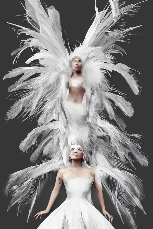 Image similar to lady gaga in a white dress with a plastic bag over her shoulder, a hologram by Alexander McQueen, featured on polycount, gothic art, made of feathers, ethereal, angelic photograph