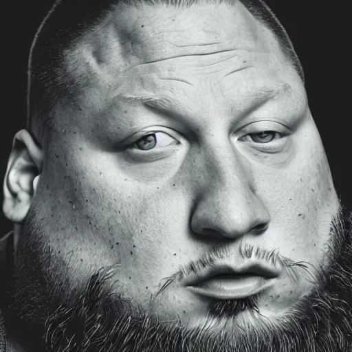 Prompt: portrait of Action Bronson by Kehinde Wiley and Annie Liebovitz. HD face portrait.