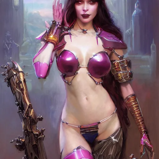 Prompt: Portrait of gothic smiling pale cyborg girl with implants in bikini armor, bright colors, elegant, vibrant, fantasy, intricate, smooth, artstation, painted by edgar maxence, greg rutowski, ross tran, artgerm