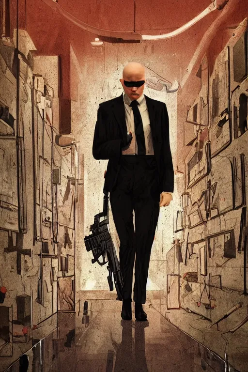 Image similar to an expressive full body portrait of agent 4 7 from hitman in a hallway full of guns, dark background, red rim light, digital art, artstation, concept art by giger stalenhag