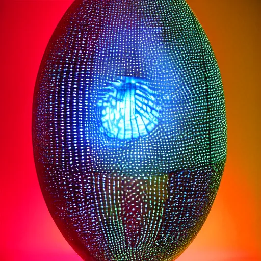 Prompt: annie liebowitz portrait of a plasma energy tron dinosaur egg in the shape of a dodecahedron made up of glowing electric plates and patterns. cinestill