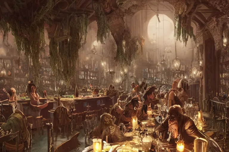 Prompt: Beautiful hyperrealistic detailed matte portrait painting of a 20s fantasy goblin party in ekanite bar that looks like it's from lord of the rings and bazaar by greg rutkowski, andreas rocha and john howe, and Martin Johnson Heade,featured on artstation, ultrawide angle,f16 , golden ratio, f32, well composed, cohesive