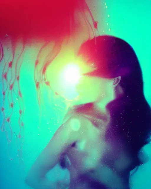 Prompt: a woman's face in the water, jellyfish elements, serene emotion, polaroid, glitched, red, yellow, purple, soft lighting, sun rays