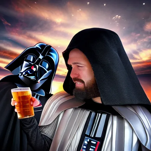 Prompt: Jesus Christ drink a beer with his best friend Darth Vader, realistic photography , unreal engin, 4k