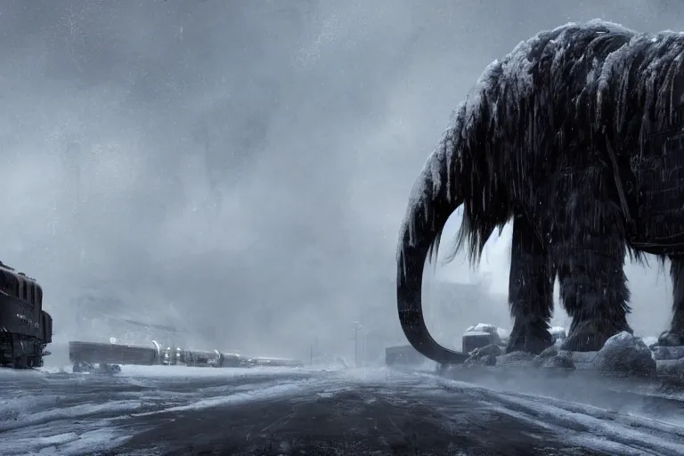 Image similar to a grand intricate futuristic black steam train next to a giant mammoth, post - apocalyptic ice landscape in snowstorm, concept art, artstation, highly detailed, digital art