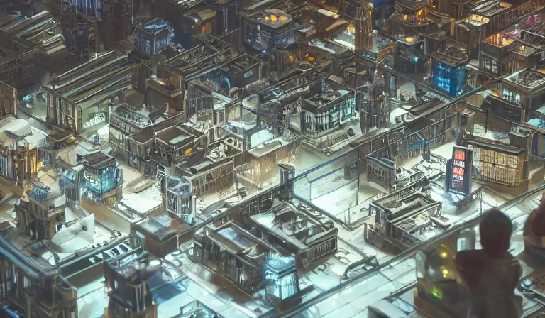 Image similar to large group people in simple warehouse, looking at hologram of futuristic cbd on a table, cinematic concept art, godrays, golden hour, natural sunlight, 4 k, clear details, tabletop model buildings, center model buildings, hologram center, crane shot, crane shot, crane shot, clear details, windows