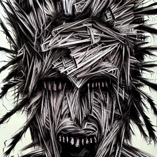 Image similar to multiple faces shredded like paper news screaming, dark horror, surreal, drawing, painting,