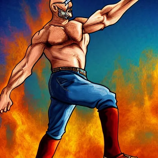 Prompt: buff Walter White kicking blue fire, accurate anatomy, accurate hands, highly detailed, digital art, epic, masterpiece,