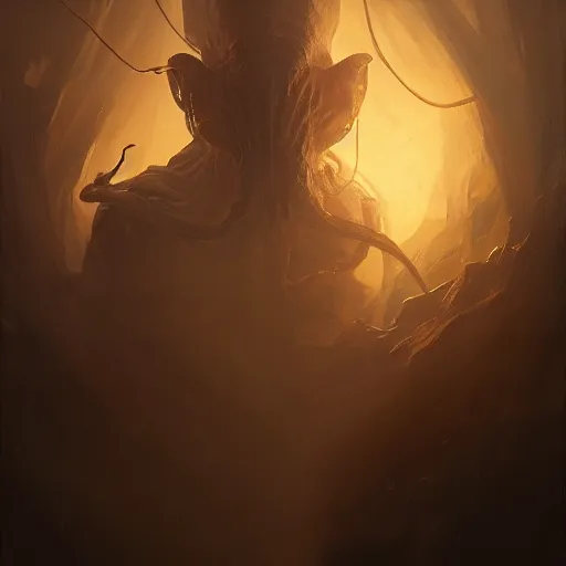 Image similar to nyarlathotep, dramatic lighting, chiaroscuro, high detail, painted by greg rutkowski, painted by igor kieryluk, painted by bobby chiu, trending on artstation