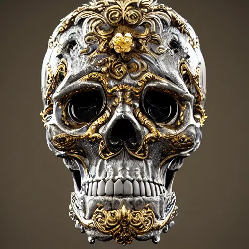 Image similar to a beautiful, ornate and intricate rococo skull with silver and gold details, 4k, octane render, vray, unreal engine, photorealistic