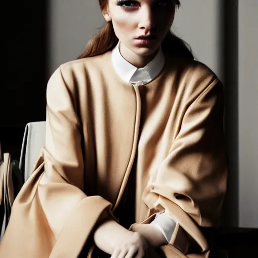 Image similar to close up of face of female fashion model, sitting on chair, beige colors, official jil sander and valentino editorial, highly detailed