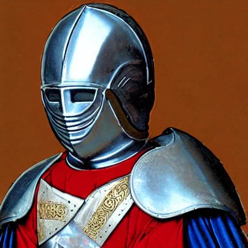 Image similar to a knight wearing silver armor and helmet, red white and gold color scheme, baroque, by Michelangelo, high detail