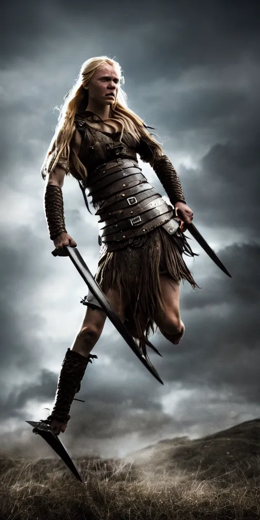 Image similar to a photograph of viking shield maiden in the battlefield, action movie, movie still, cinematic, filmic, dramatic, volumetric light