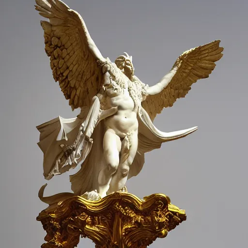 Prompt: thus spoke zarathustra, serpent and eagle, statue, by michaelangelo, by bernini, gold accents, white marble, sunshine, mountaintop, snow, highly detailed,