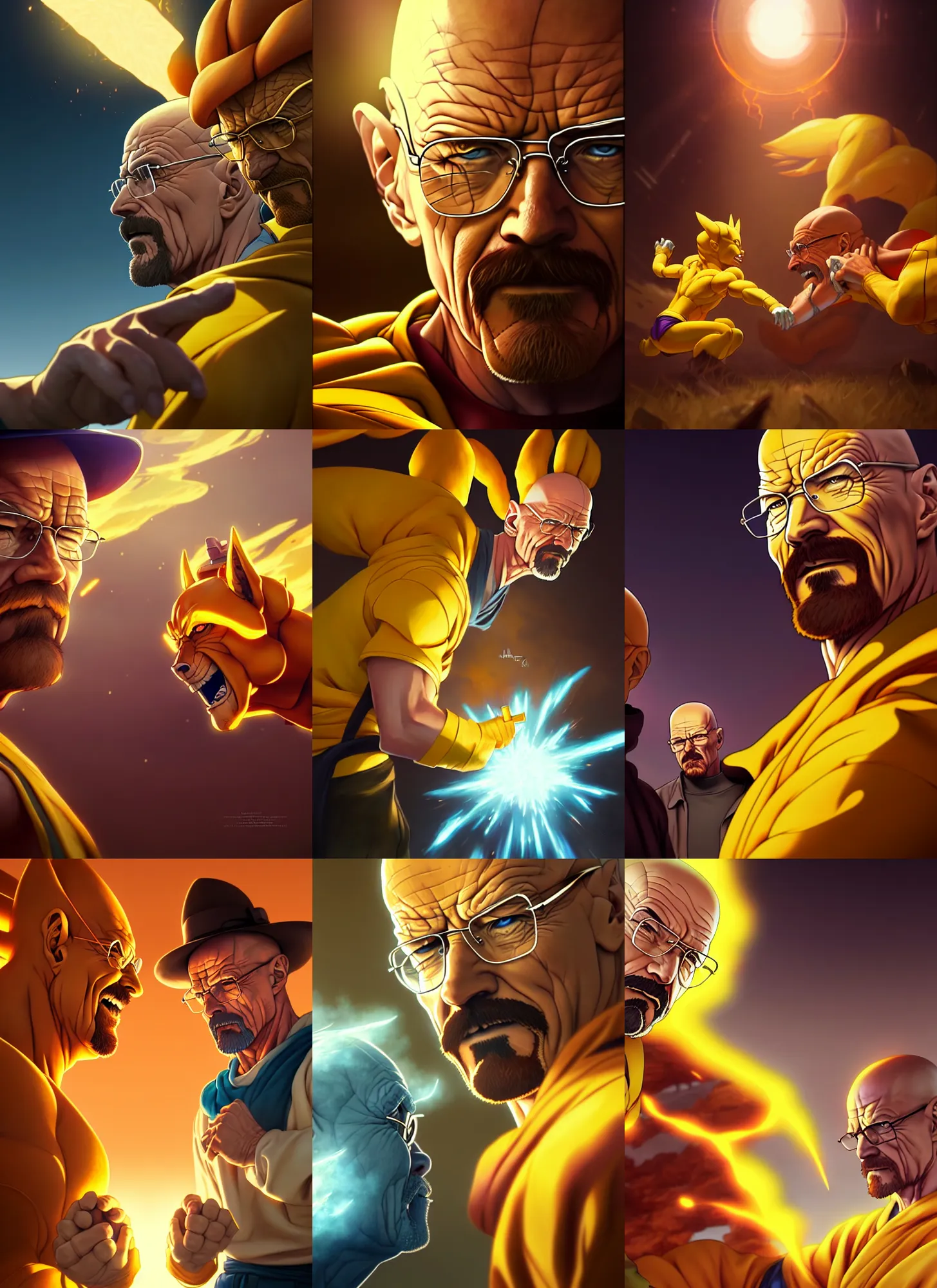 Prompt: beautiful portrait of walter white fighting golden freiza. character design by disney, charlie bowater, ross tran, artgerm, and makoto shinkai, detailed, soft lighting, rendered in octane