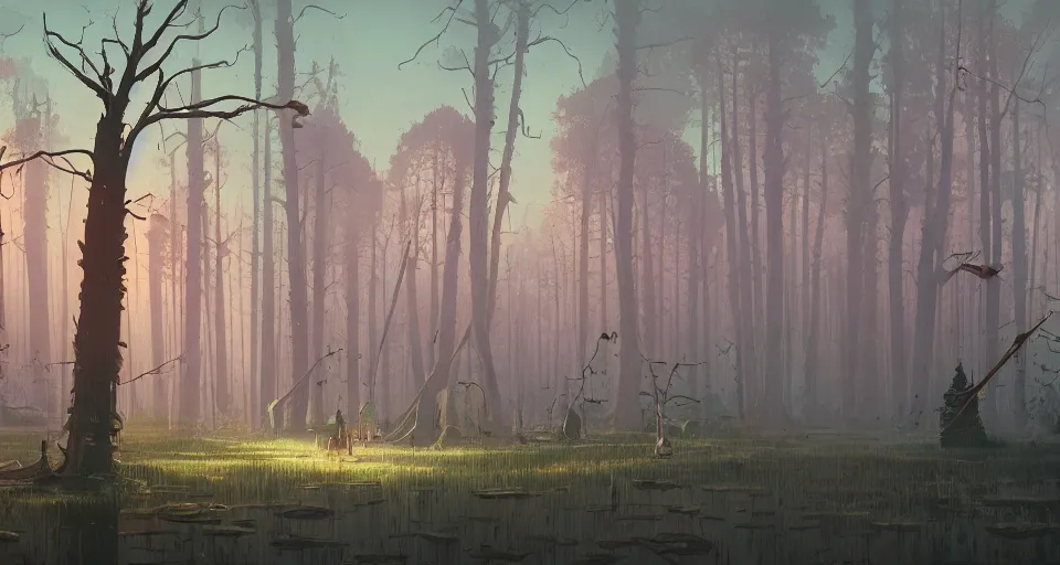 Image similar to A fantastic, enchanted, magic swamp, by simon stalenhag