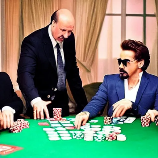 Prompt: Alexander Lukashenko playing poker with John Cena, Robert Downey Jr. and Al Pacino, cinematic still