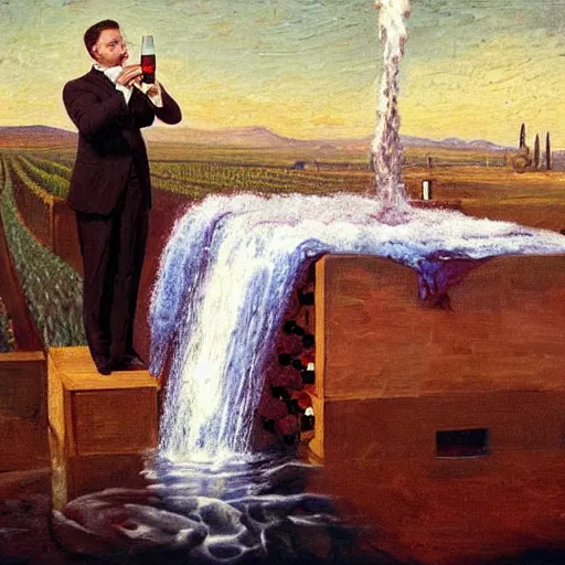 Image similar to Elon musk turns water into wine, oil on canvas, 1883