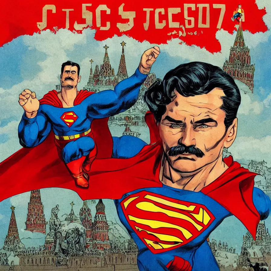 Image similar to epic comic book cover of stalin as superman floating over the red square ( moscow ), posing, waving, ostalgie, socialist realism, soviet nostalgia, sovietwave, photorealistic, intricate digital art, trending artstation, artgem, rich moody colors, fan art, concept art, in the style of the red son, by cory walker and ryan ottley