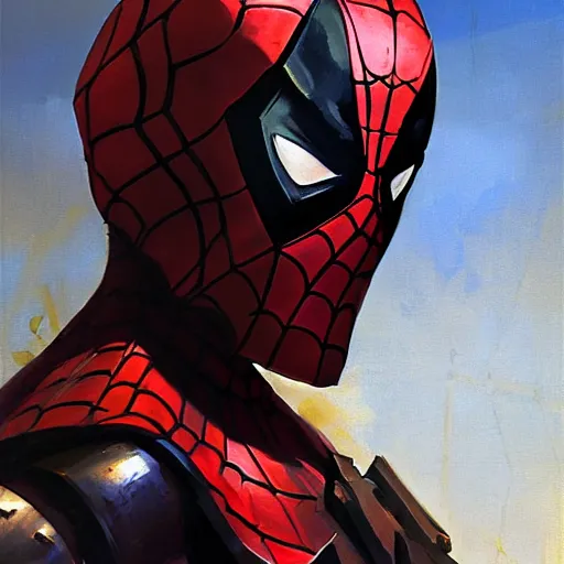 Image similar to greg manchess portrait painting of an armored dark deadpool iron spiderman as overwatch character, medium shot, asymmetrical, profile picture, organic painting, sunny day, matte painting, bold shapes, hard edges, street art, trending on artstation, by huang guangjian, gil elvgren, ruan jia, greg rutkowski, gaston bussiere