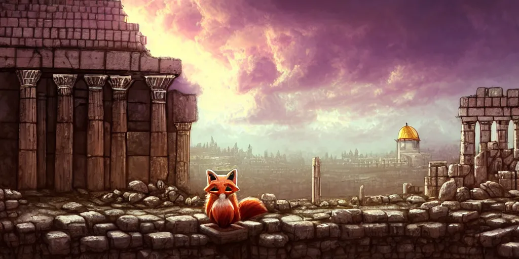 Prompt: a adorable small fox in the huge ruins of the second temple in jerusalem in the distance. the third temple hovers quietly hiding in the dreamy clouds above. a hooded bearded old man in a brown tunic laughing, colorful 8 k, art station, intricate superb details, digital art, cinematic, bokeh dof sky, by stalenhag.