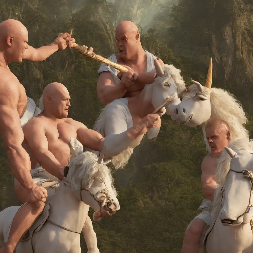 Image similar to Mr. clean riding a chubby balding blond guy and holding a unicorn toy, highly detailed, epic fantasy, film still, best shot, very long shot, 8K Imax