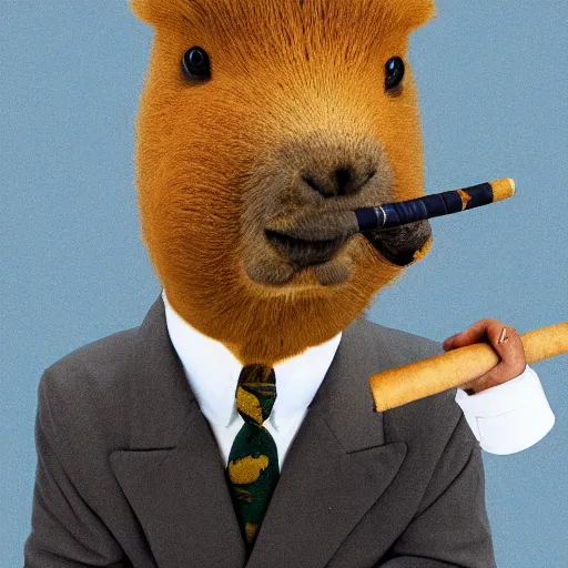 Image similar to a high detail photo of an antropomorphic capybara wearing a suit smoking a cigarrette, subject= duck, subject detail: wearing a suit, subject action: smoking a cigarrette photorealism