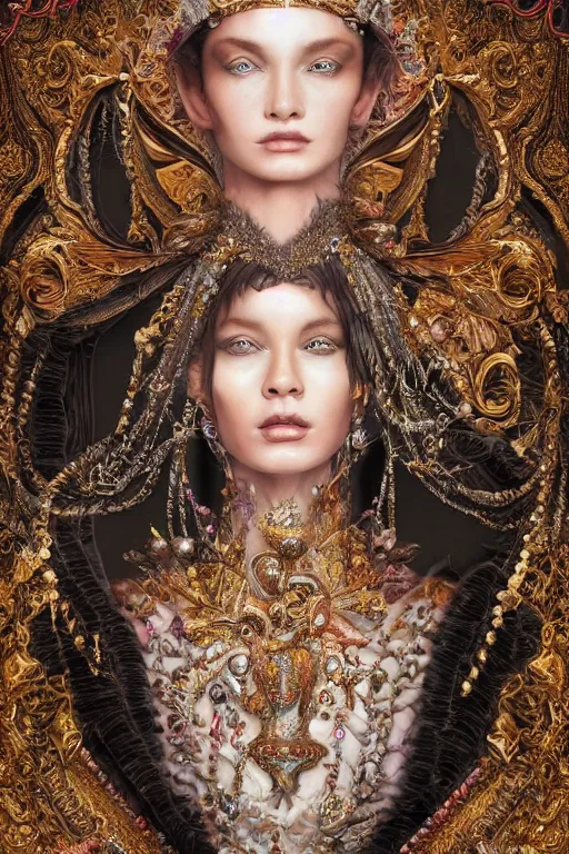 Image similar to hyper-realistic ultra-detailed maximalist and dramatic elegant luxury beautiful young empress portrait by igor goryunov and patricio clarey inspired by andrei riabovitchev and heidi taillefer Rendered by binx.ly 8k. Generative art. Fantastic realism. Scifi feel. Extremely Ornated. Intricate and omnious. Tools used: Blender Cinema4d Houdini3d zbrush. Unreal engine 5 Cinematic. Beautifully lit. No background. artstation. Deviantart. CGsociety.