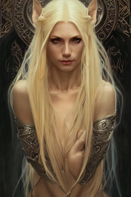 Image similar to portrait of an old blonde elven mage, dark, piercing eyes, gentle expression, elegant clothing, photorealistic, highly detailed, artstation, smooth, sharp focus, art by michael whelan, artgerm, greg rutkowski and alphonse mucha