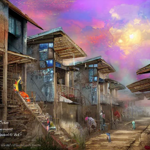 Prompt: the slums just outside the pearly - gates - of - the kingdom - of - heaven - in - the - clouds, digital art