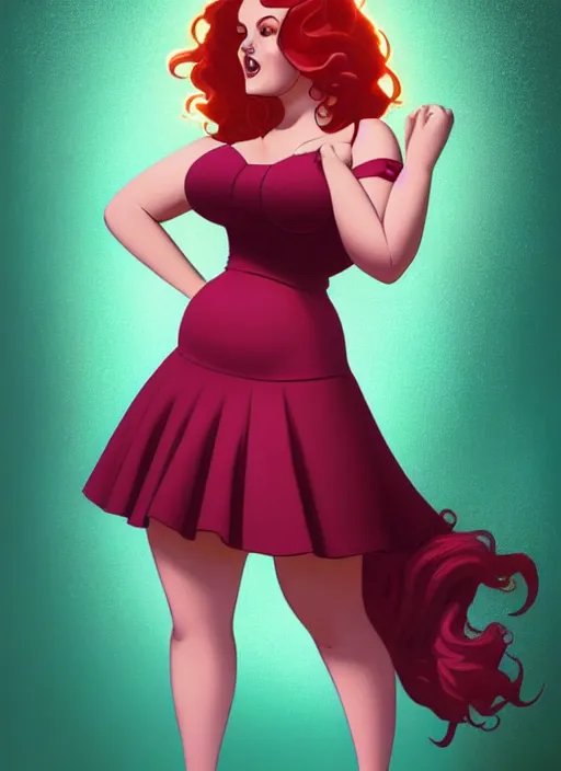 Image similar to full body portrait of teenage cheryl blossom, obese, bangs, green eyes, sultry expression, red hair, sultry smirk, bangs and wavy hair, pink skirt, fat, intricate, elegant, glowing lights, highly detailed, digital painting, artstation, concept art, smooth, sharp focus, illustration, art by wlop, mars ravelo and greg rutkowski