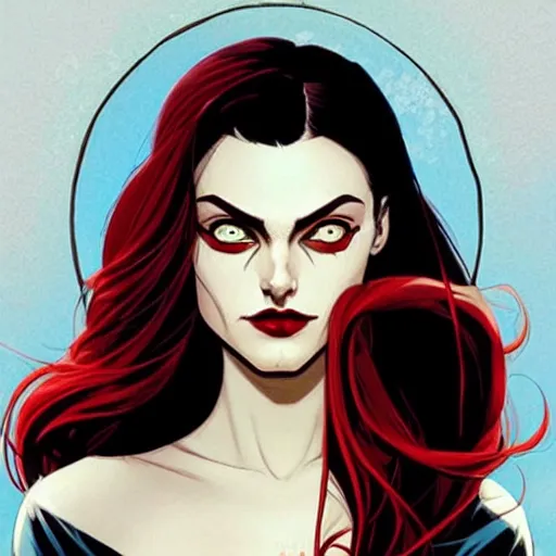 Prompt: Rafeal Albuquerque comic art, Joshua Middleton comic art, pretty female Phoebe Tonkin,l vampire, fully red eyes no pupils sharp vampire teeth evil smile, horror, symmetrical face, symmetrical eyes, pretty white dress, short black hair, full body:: snow outside::