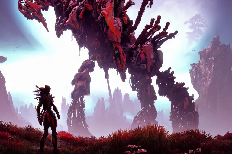 Image similar to wide epic shot. a hyper detailed fanghorn evangelion realistic mechanical and organic creature similar look as horizon forbidden west horizon zero dawn, bioluminiscence in a dark deep forest at dawn in spring, with reflection and textures, by kilian eng, substance painter reaslitic mech surface metal painted scratches, world env from horizon forbidden west horizon zero dawn