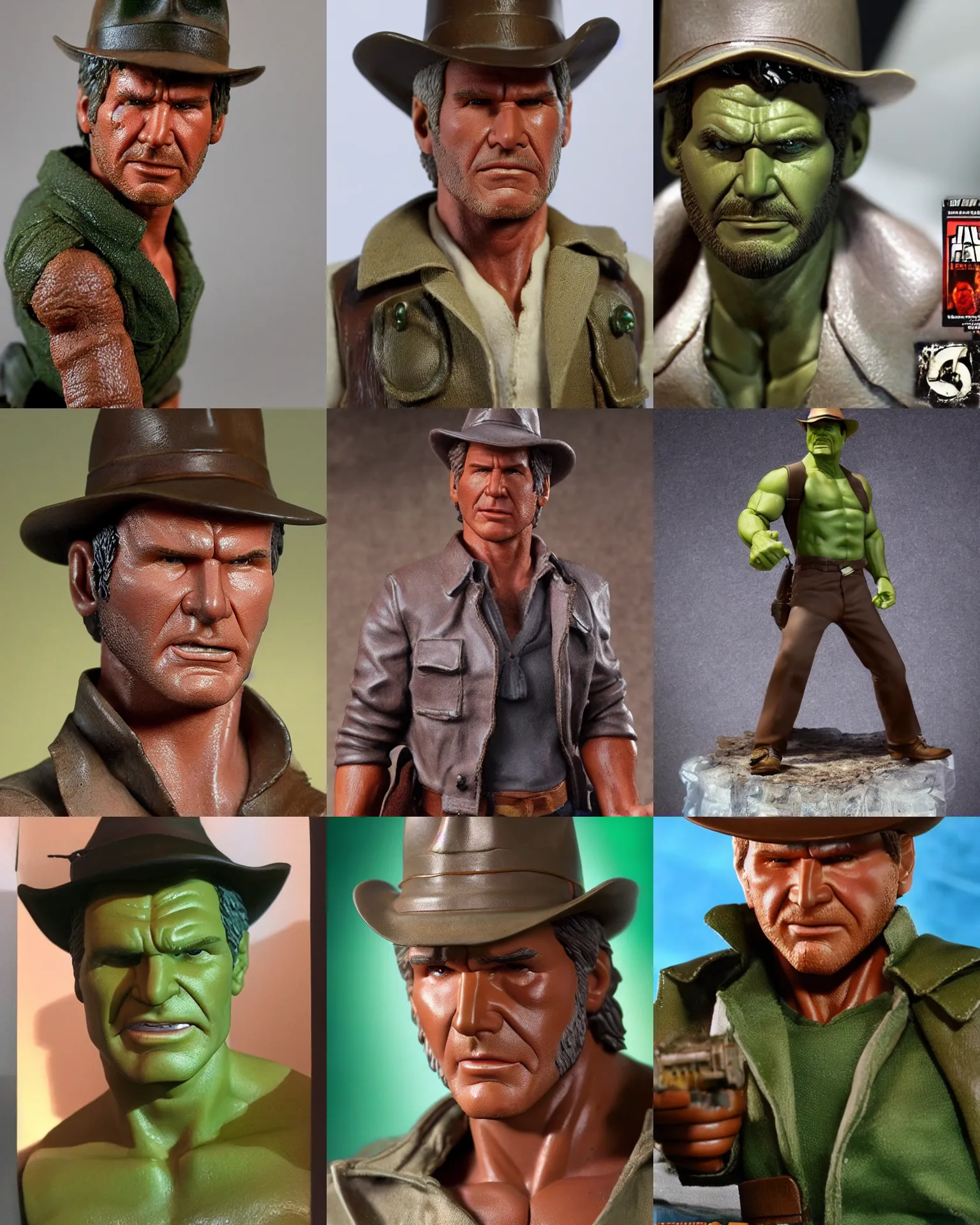 Prompt: harrison ford indiana jones, neca!!! f as hulk action figure by neca face close up headshot in the style of neca, character by neca, film still, bokehs