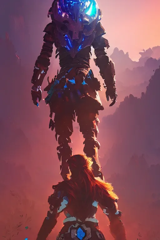 Image similar to combination suit armor aloy horizon forbidden west horizon zero dawn radiating a glowing aura global illumination ray tracing hdr fanart arstation by ian pesty and alena aenami artworks in 4 k tribal robot ninja mask helmet backpack